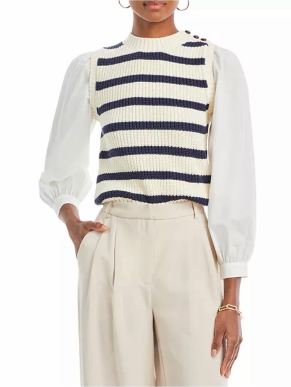 Rails Bambi Sweater S Ivory Navy Stripe Puff Sleeve Mixed Media Mock Neck